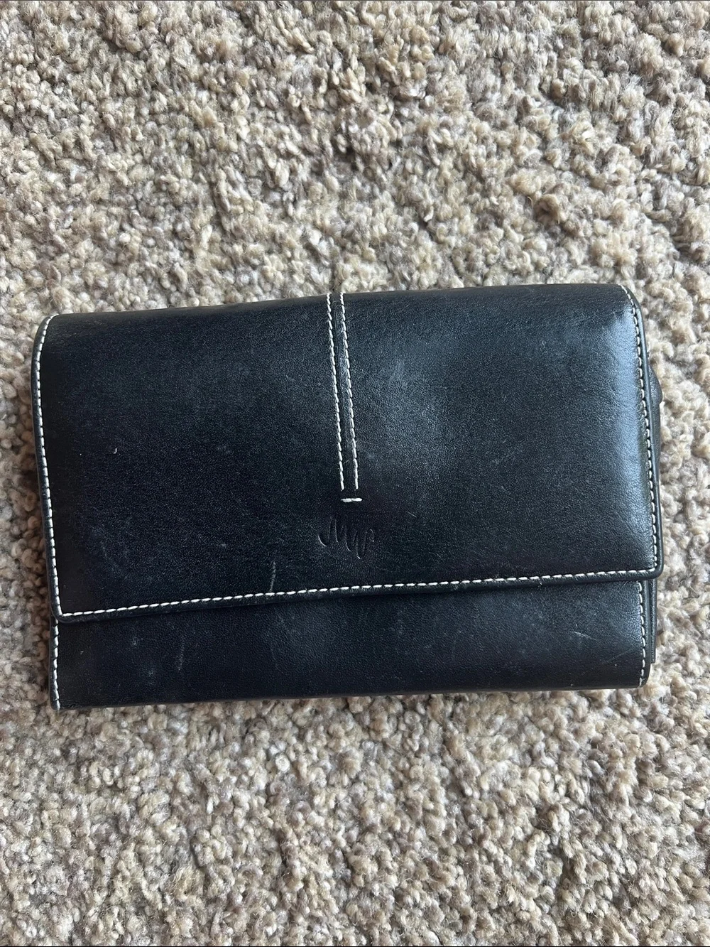Monsac Black Leather Women's Wallet with White Stitching